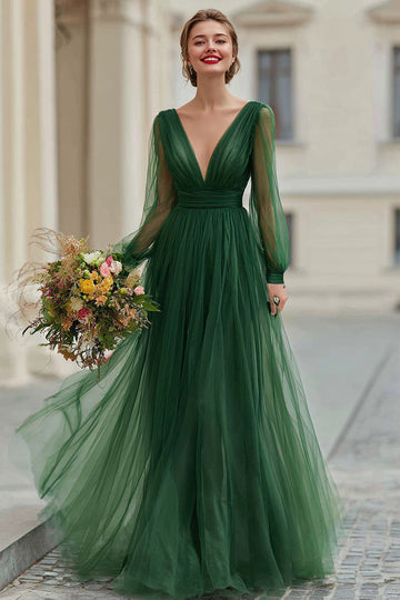 Dark Green Tulle A Line Pleated Long Sleeves Bridesmaid Dress